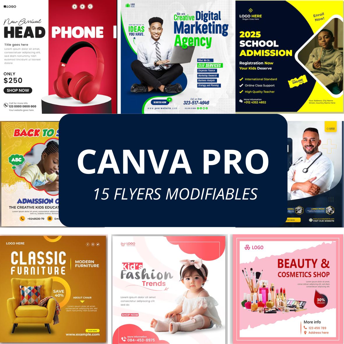 Pack 15 Templates Canva Format Carré 1080x1080px pour Instagram Facebook LinkedIn WhatsApp